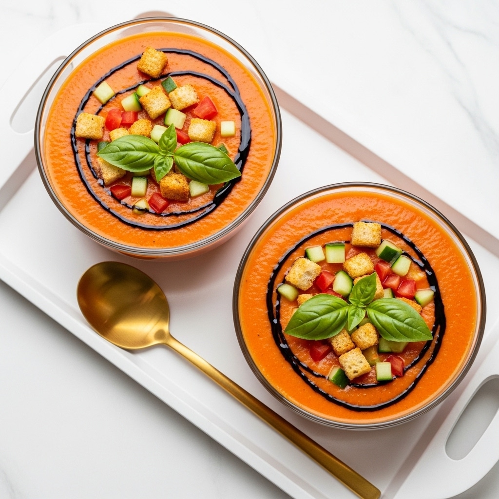 Two glass bowls filled with smooth orange-red soup sit side by side on a white tray with handles. Each bowl has a swirl of dark balsamic drizzle on top, with small golden-brown croutons scattered in the center. Bright green basil leaves and small pieces of red and yellow vegetables add fresh color to the soup's surface. A shiny golden spoon lies on the tray below the bowls. The background is a white marbled texture. photo taken with an iphone --ar 4:5 --v 7