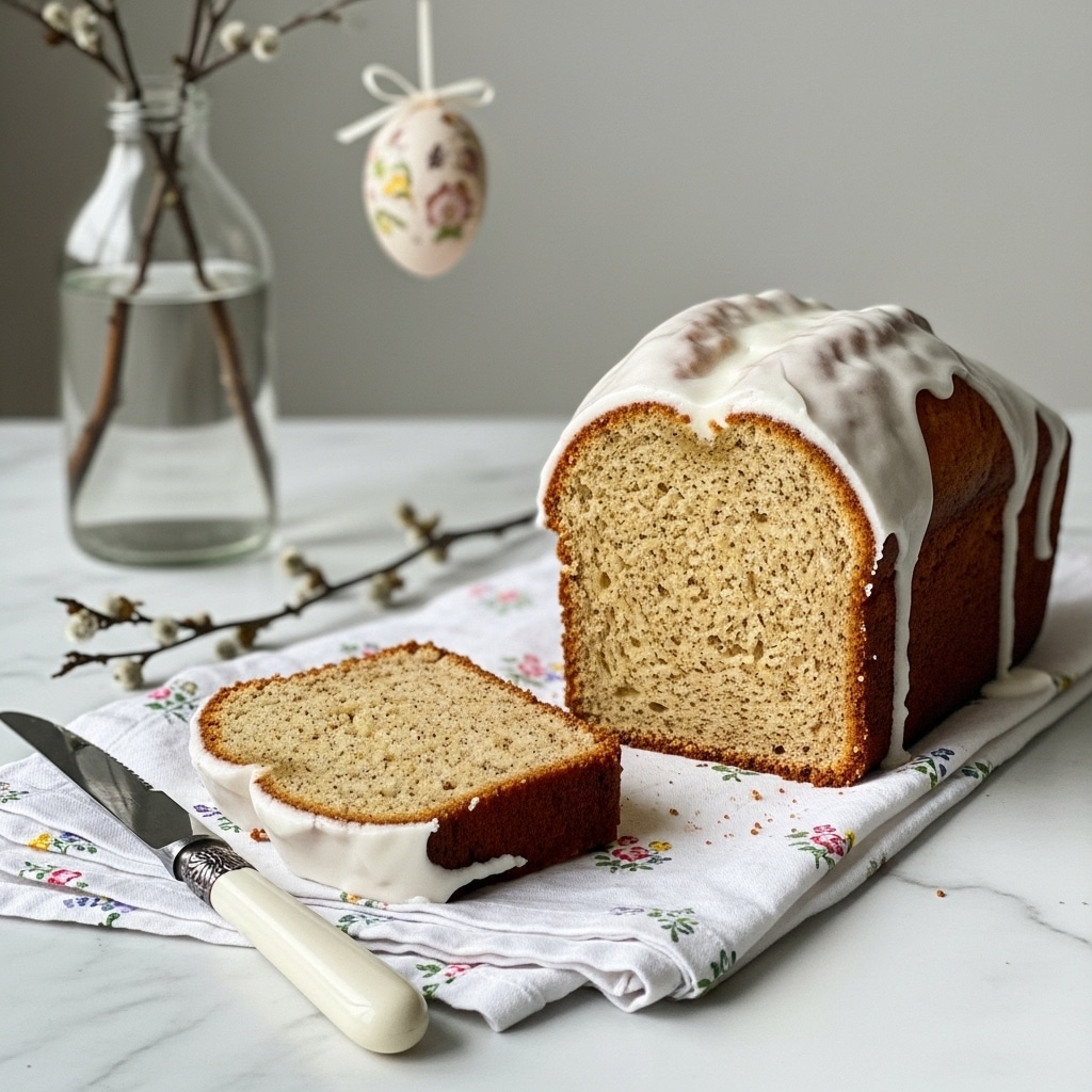 A tall loaf cake with one slice cut and placed laying flat in front. The cake has three visible layers: a golden brown crust on the sides with a soft, light cream-colored inside that has tiny dark specks spread throughout. The top is covered with smooth, thick white icing that drips gently down the sides. The slice shows the same colors and texture as the loaf. A knife with a white handle and silver decorative end is resting on the slice. All this is set on a white cloth with small flower prints on a white marbled surface. In the background, there is a clear glass bottle with a branch and a decorated egg hanging. photo taken with an iphone --ar 4:5 --v 7