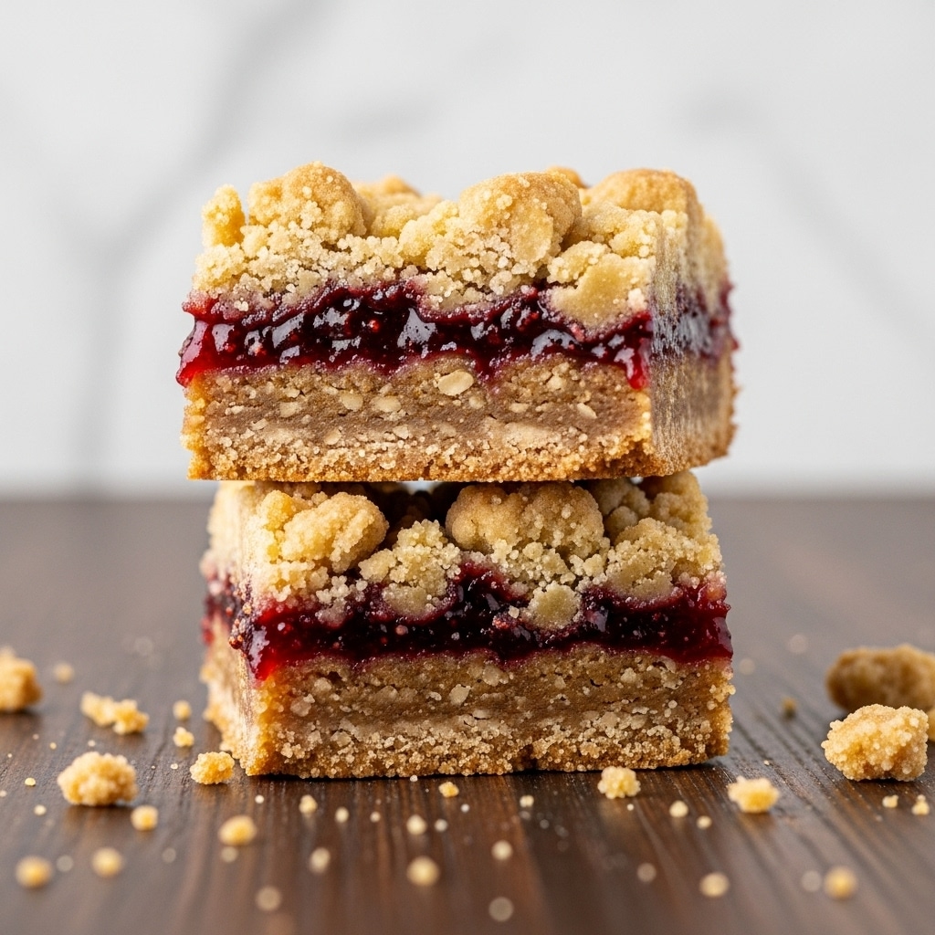 Two crumb bars stacked on top of each other on a dark wooden surface with a soft white marbled background. Each bar has three layers: the bottom layer is a dense, light brown crust; the middle layer is a glossy, deep red jam that looks sticky and slightly thick; the top layer is a crumbly, pale beige streusel with varied small chunks and a rough texture. Small crumbs lay loosely around the bars. Photo taken with an iphone --ar 4:5 --v 7