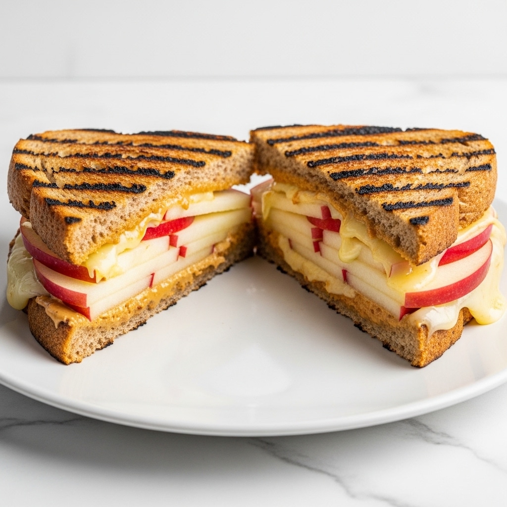 The image shows two halves of a toasted sandwich placed on a white plate on a white marbled texture. The sandwich has three layers of whole wheat bread, all with clear grill marks in dark brown. Inside, the visible layers include slices of cream-colored apple, a layer of brown peanut butter spread, and a layer of light yellow cheese slightly melted. The sandwich is cut diagonally and slightly parted to reveal the filling. The overall look is warm and crispy. photo taken with an iphone --ar 4:5 --v 7