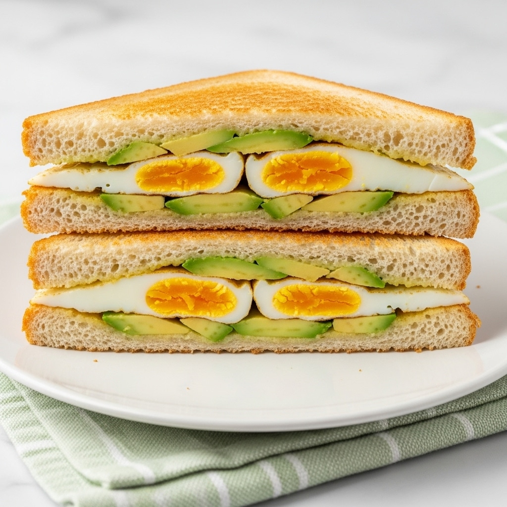 A sandwich cut in half diagonally is placed on a white plate with a subtle design. The sandwich has three visible layers: toasted light brown bread on the top and bottom, a layer of cooked egg with a slightly runny yolk in the middle, and green leafy vegetables and slices of avocado beneath the egg. The sandwich halves are stacked, leaning against each other, showing the soft texture of the bread and the melted egg with green filling inside. The plate rests on a white marbled surface with a green and white striped cloth underneath. photo taken with an iphone --ar 4:5 --v 7
