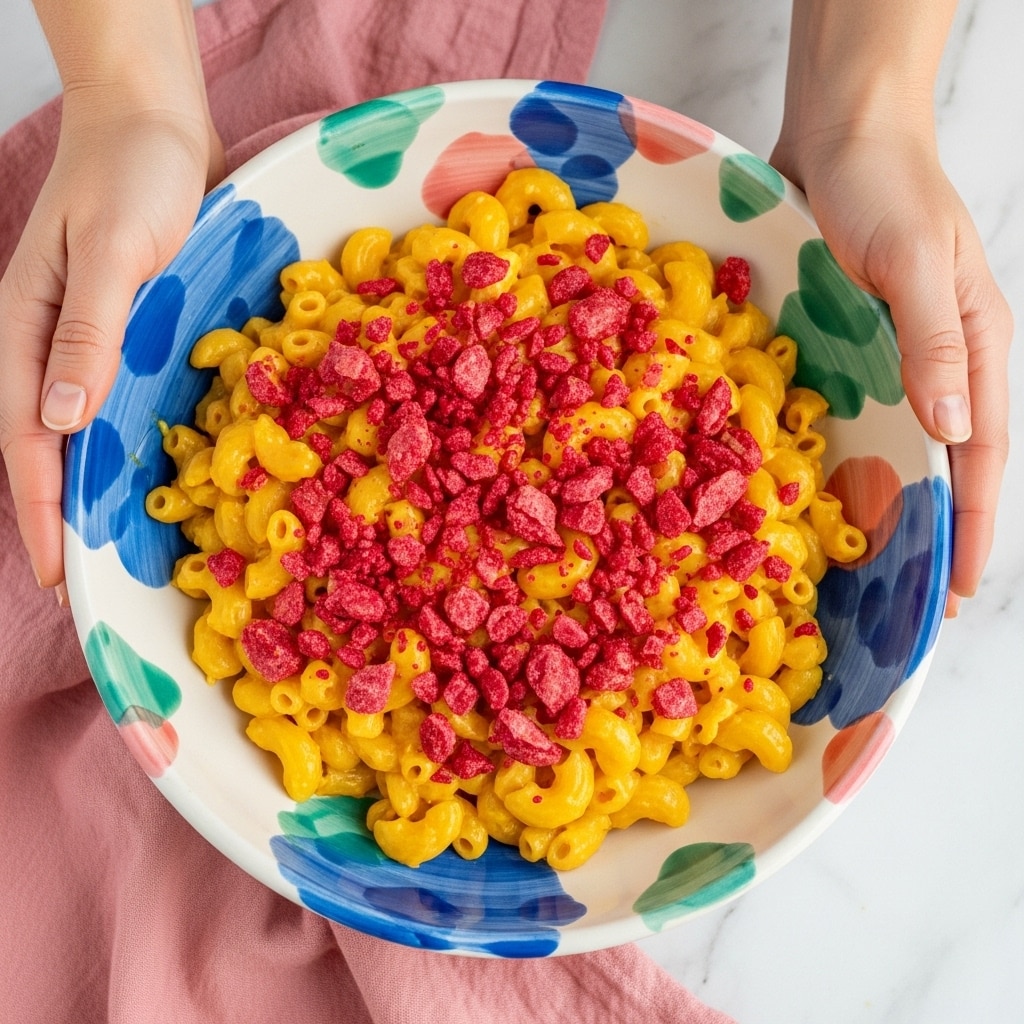 A large round bowl with turquoise, pink, and blue color patches holds creamy macaroni with a rich yellow cheese sauce as the bottom layer, topped generously with crumbled purple pink pieces spread all over. The bowl is placed on a soft pink cloth on a white marbled surface. Two woman's hands hold the bowl from each side gently. Photo taken with an iphone --ar 4:5 --v 7