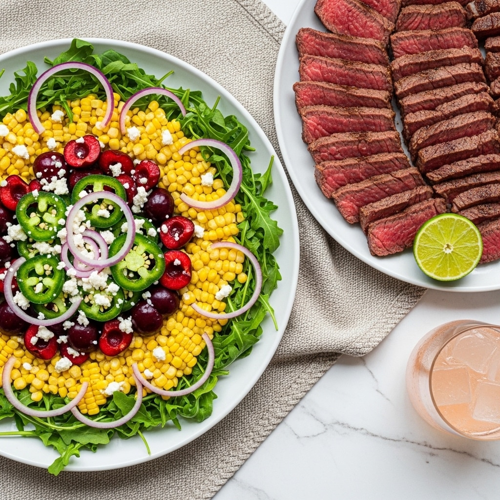 A white plate with a decorative edge holds a colorful salad made of bright yellow corn kernels mixed with green arugula leaves and light green slices of jalapeño, scattered with red cherry tomato halves and deep red cherries, topped with small white crumbles of cheese and thin pale pink rings of onion. Next to it, another white plate with a similar edge contains neatly sliced medium-rare steak with a pink center and browned outer edges, arranged in layers across the plate, accompanied by a halved lime with a bright green rind. Both plates sit on a white marbled surface with a glass of light pink drink nearby. Photo taken with an iphone --ar 4:5 --v 7