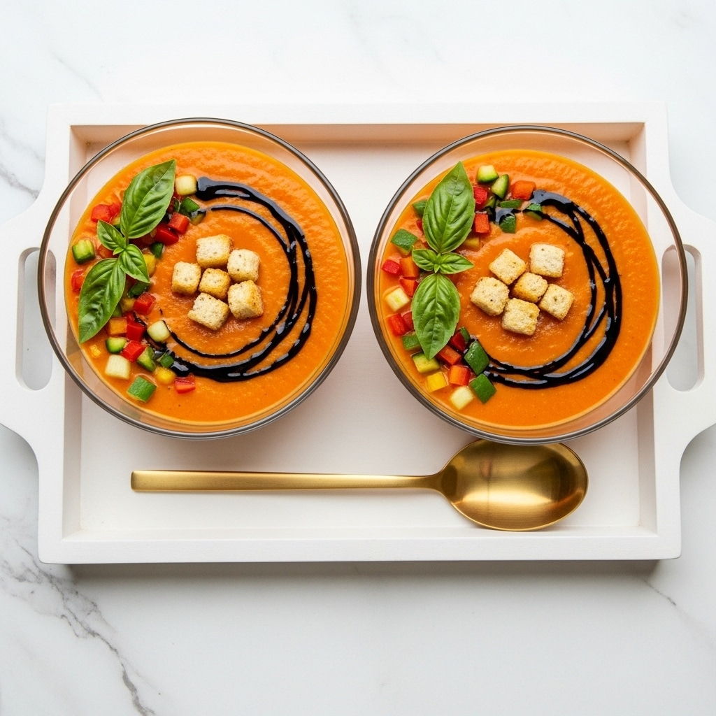 Two round glass bowls sit on a white tray with handles, filled with smooth, bright orange-red soup. Each bowl has a swirl of dark balsamic glaze on top, small green basil leaves in the middle, and crunchy golden-brown croutons scattered along with small pieces of light green cucumber and red tomato. A shiny golden spoon lies next to the bowls on the tray, all placed on a white marbled surface. photo taken with an iphone --ar 4:5 --v 7