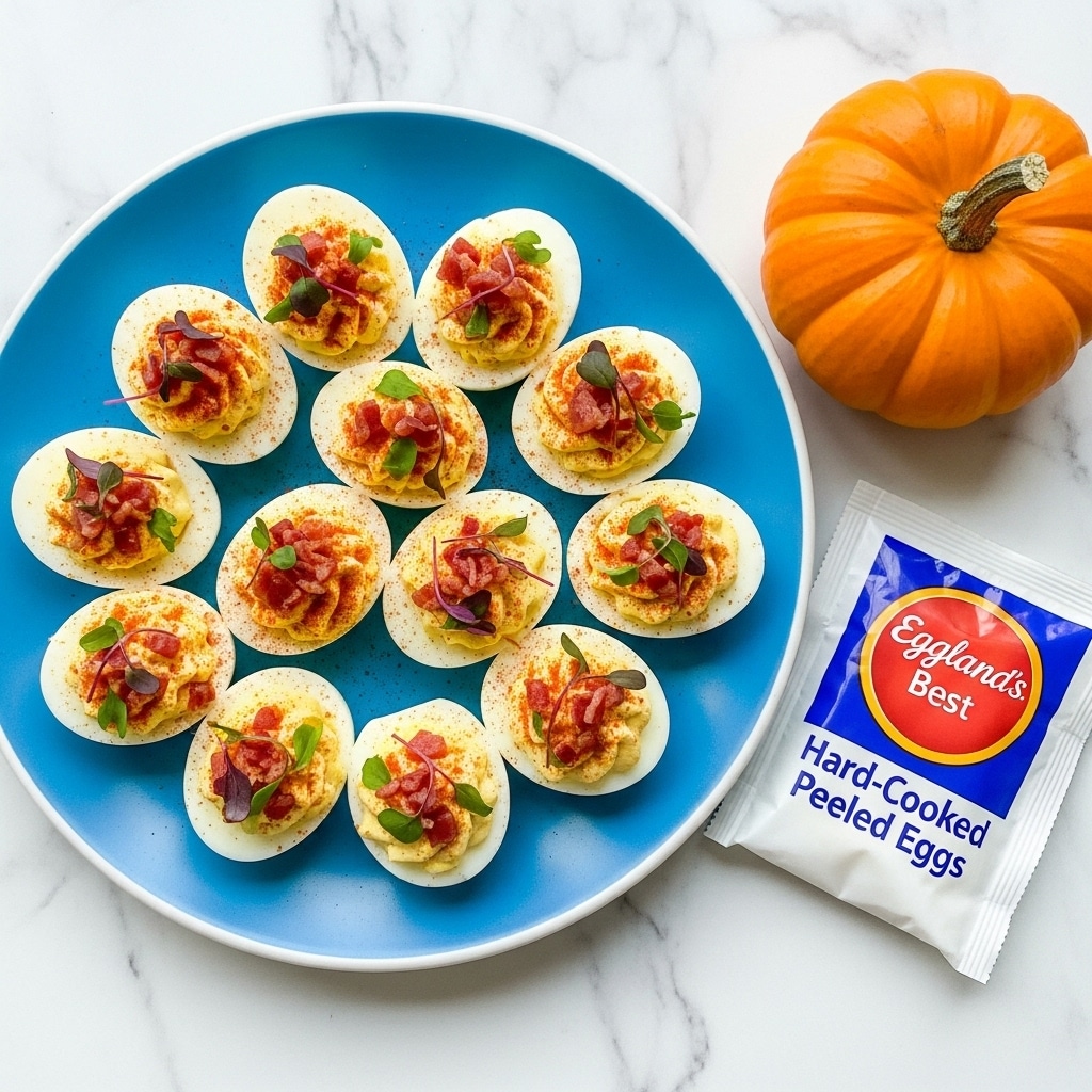 A white-edged blue plate holds twelve deviled egg halves arranged in a loose cluster, each with a smooth white egg white base and a fluffy, light yellow filling topped with reddish paprika powder and small green herb leaves, along with thin pieces of reddish-brown bacon scattered on some; next to the plate is a white packet of hard-cooked peeled eggs with blue and red text, and a small orange mini pumpkin rests above the plate, all set against a bright blue wooden textured background changed to a white marbled texture. photo taken with an iphone --ar 4:5 --v 7