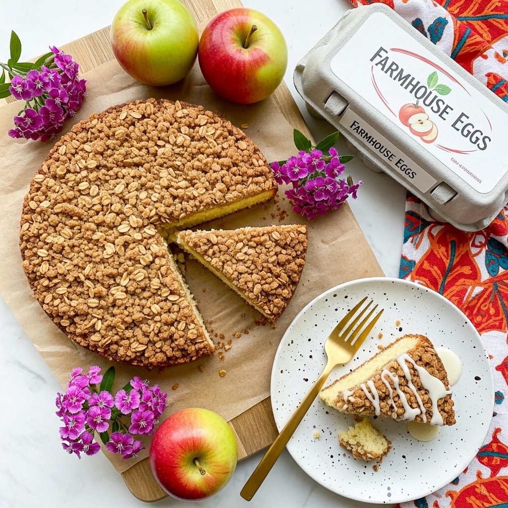 A round crumb cake with a golden brown, crumbly oat topping sits on crumpled parchment paper on a wooden board. Two triangular slices are cut and placed next to the main cake, showing a soft, light yellow cake layer under the crumb topping. Red and green apples, deep pink flowers, and a gray carton of farmhouse eggs surround the cake, with one slice placed on a white plate with speckled edges, topped with a drizzle of white icing and a gold fork resting beside it. The whole scene is set on a white marbled surface. photo taken with an iphone --ar 4:5 --v 7