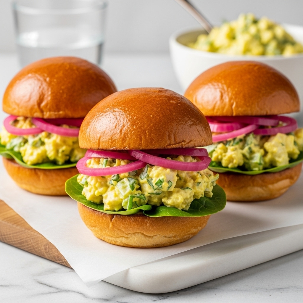Three small sandwiches sit on a wooden board placed on a white marbled surface. Each sandwich has a soft, shiny, golden brown bun with a bottom layer of fresh green leaf lettuce. On top of the lettuce is a thick, creamy, pale yellow egg salad mixed with small bits of green herbs, giving it a textured, chunky look. Bright pink pickled red onion rings are layered above the egg salad, adding a pop of color. The top bun rests neatly over the onions, completing the neat, evenly sized sandwiches. In the background, a bowl of egg salad and a glass of water are softly blurred. Photo taken with an iphone --ar 4:5 --v 7