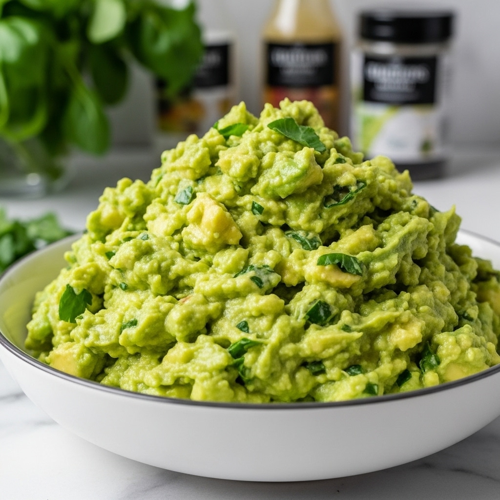 A close-up view of a white bowl filled with a chunky green guacamole that contains visible small pieces of avocado, bits of red onion, and green herbs mixed together, showing a creamy but textured surface with uneven peaks and dips, placed on a white marbled background with blurred fresh green leaves in the corner. photo taken with an iphone --ar 4:5 --v 7