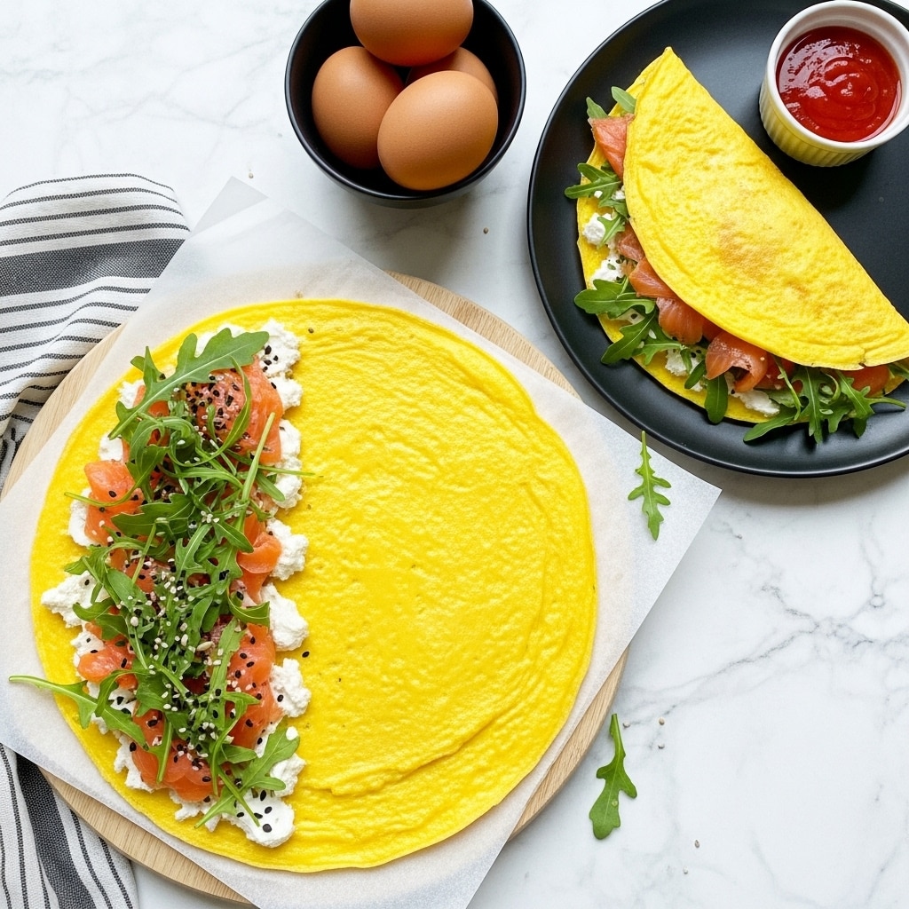 A thin, bright yellow omelette lays open on a round wooden board covered with translucent paper, showing a smooth but slightly textured surface. On one side of the omelette, there is a layer of soft white cream cheese topped with thin slices of orange smoked salmon. Fresh green arugula leaves are scattered over the salmon with a light sprinkle of black and white sesame seeds and small chili flakes. To the right, on a white plate, a folded omelette wraps the same filling, with more arugula beside it. A small white bowl of bright red sauce sits next to the folded omelette. In the top right corner, a black bowl holds several brown eggs. The entire scene is set on a white marbled surface with a folded striped cloth partially visible at the bottom. photo taken with an iphone --ar 4:5 --v 7