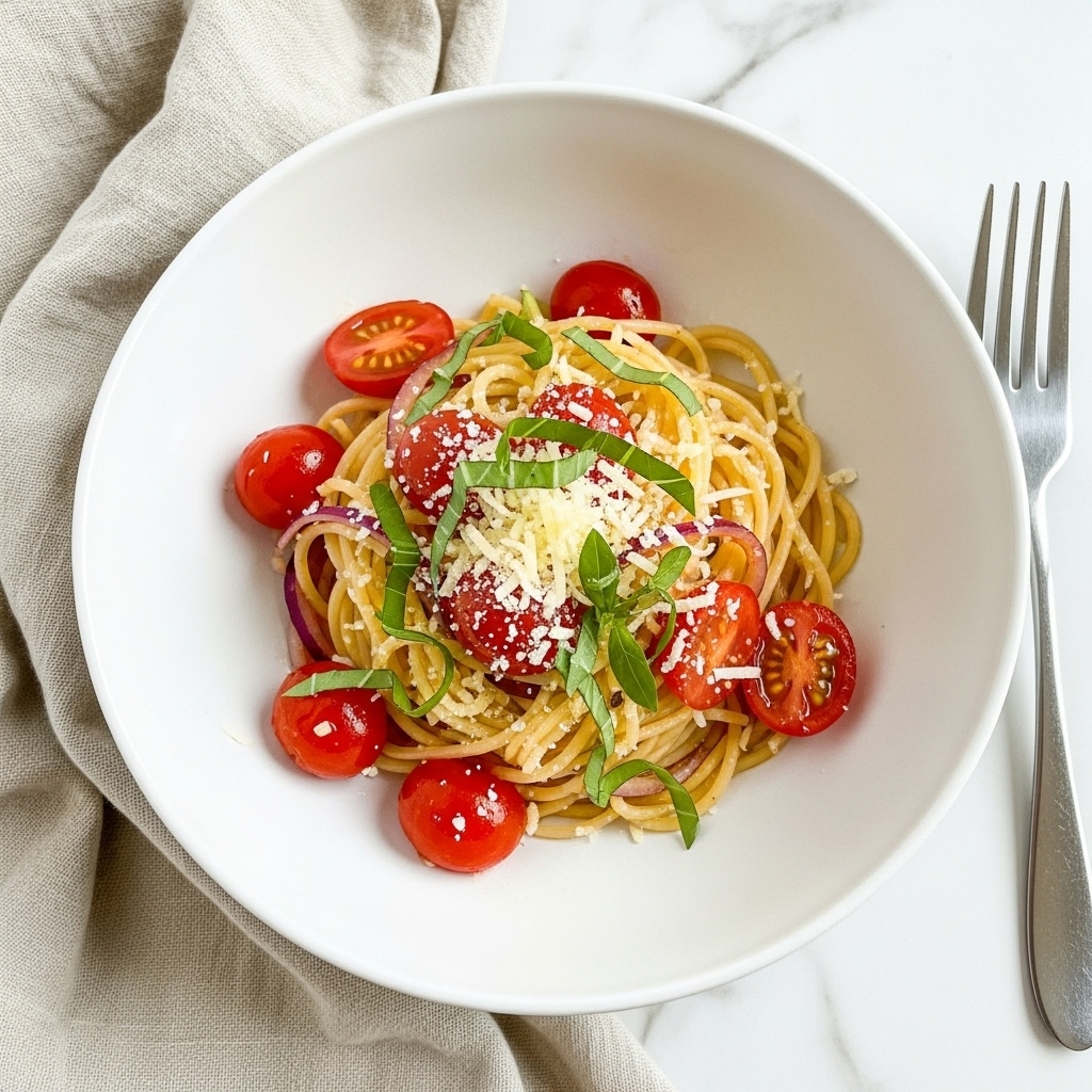A white bowl holds a small pile of spaghetti pasta mixed with bright red cherry tomato pieces and thin slices of red onion, topped with finely shredded pale yellow cheese and thin strips of fresh green basil leaves. The pasta strands are lightly coated in a sauce that gives them a slight shine. The bowl sits on a white marbled surface with a beige cloth napkin and a silver fork placed to the right side. Photo taken with an iphone --ar 4:5 --v 7