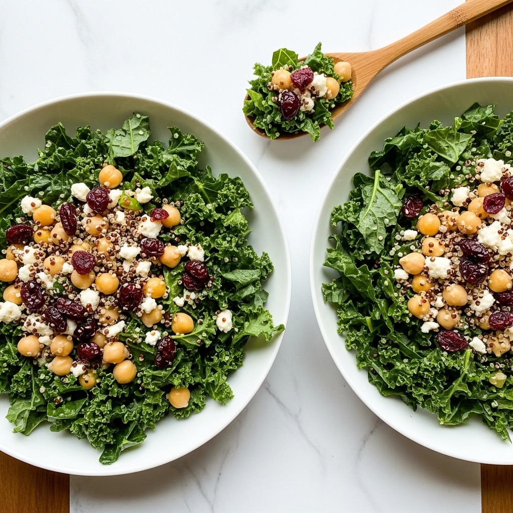 Two white plates filled with green leafy kale as the base layer. Scattered on top are creamy white chunks of cheese, light beige chickpeas, dark red dried cranberries, and small beige grains evenly spread throughout. The salad looks fresh and colorful with a mix of textures from soft cheese, crunchy chickpeas, and chewy cranberries. A wooden spoon with a small serving of the salad rests on a wooden surface next to the plates. The background is changed to a white marbled texture. photo taken with an iphone --ar 4:5 --v 7