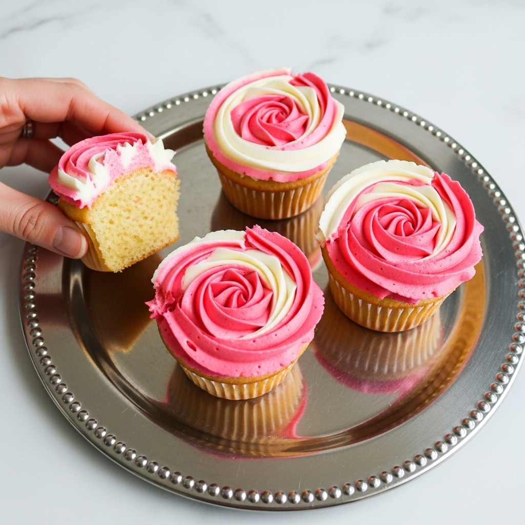 Three cupcakes with light tan bases topped with swirled frosting in white and bright pink, shaped like roses with multiple petal layers. They sit on a shiny silver round tray with a raised edge and small decorative beads. One cupcake is held by a woman's hand on the left side with some frosting missing, showing a soft, crumbly inside. The surface is a white marbled texture. Photo taken with an iphone --ar 4:5 --v 7