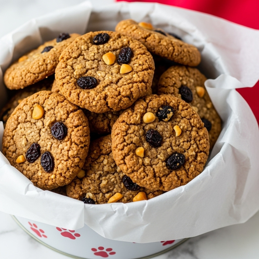 A white metal tin box with red paw prints is filled with about a dozen chunky, round oatmeal cookies that have dark raisins and bits of orange peel visible. The cookies are stacked casually inside, resting on white parchment paper that lines the box and folds over the edges. The background has a red cloth behind the tin, and the whole scene sits on a white marbled surface. The cookies have a rough, soft texture with uneven shapes and a warm, golden-brown color. photo taken with an iphone --ar 4:5 --v 7