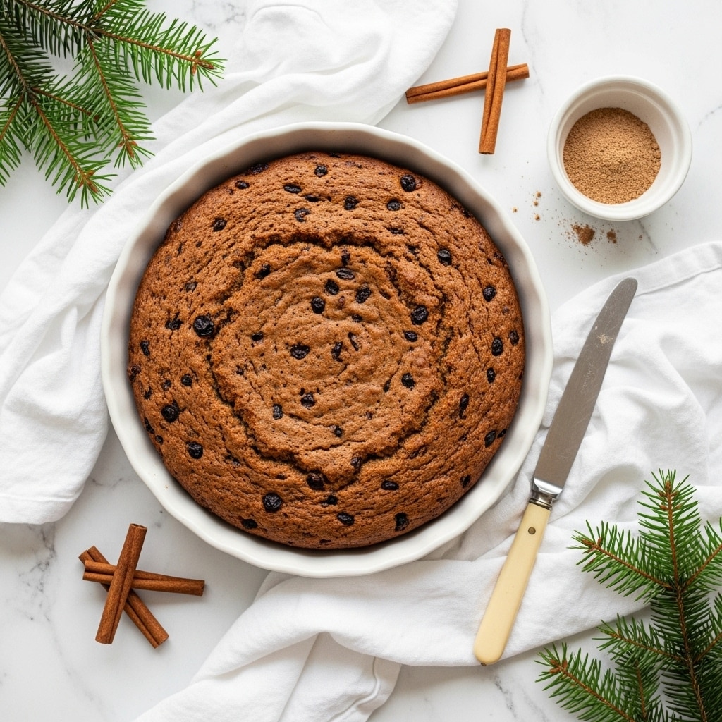 A round cake with a rough, dark brown top filled with visible darker spots, placed in a white bowl on a white marbled textured surface. The bowl sits on a white cloth, slightly crumpled and spread beneath it. To the right of the bowl, there is a knife with a cream handle and a small, white bowl with dark powder inside it. Small pieces of cinnamon sticks and star anise are scattered around on the white marbled surface near the bowl and knife. There are some green pine leaves at the top right and left sides of the frame. photo taken with an iphone --ar 4:5 --v 7