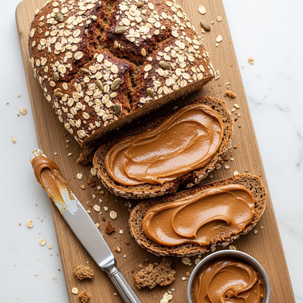 The image shows a loaf of dark brown bread cut into six thick slices, lying on a light wood cutting board placed on a white marbled surface. Each bread slice is topped and scattered with oats and seeds that add texture and light patches on the dark bread. One slice is separated from the others and spread with a smooth layer of light brown spread. A silver butter knife with some spread on it lies next to this slice on the cutting board. A small metal container with more of the light brown spread sits near the bread. The light and shadows highlight the coarse texture of the bread and the shiny surface of the spread. Photo taken with an iphone --ar 4:5 --v 7