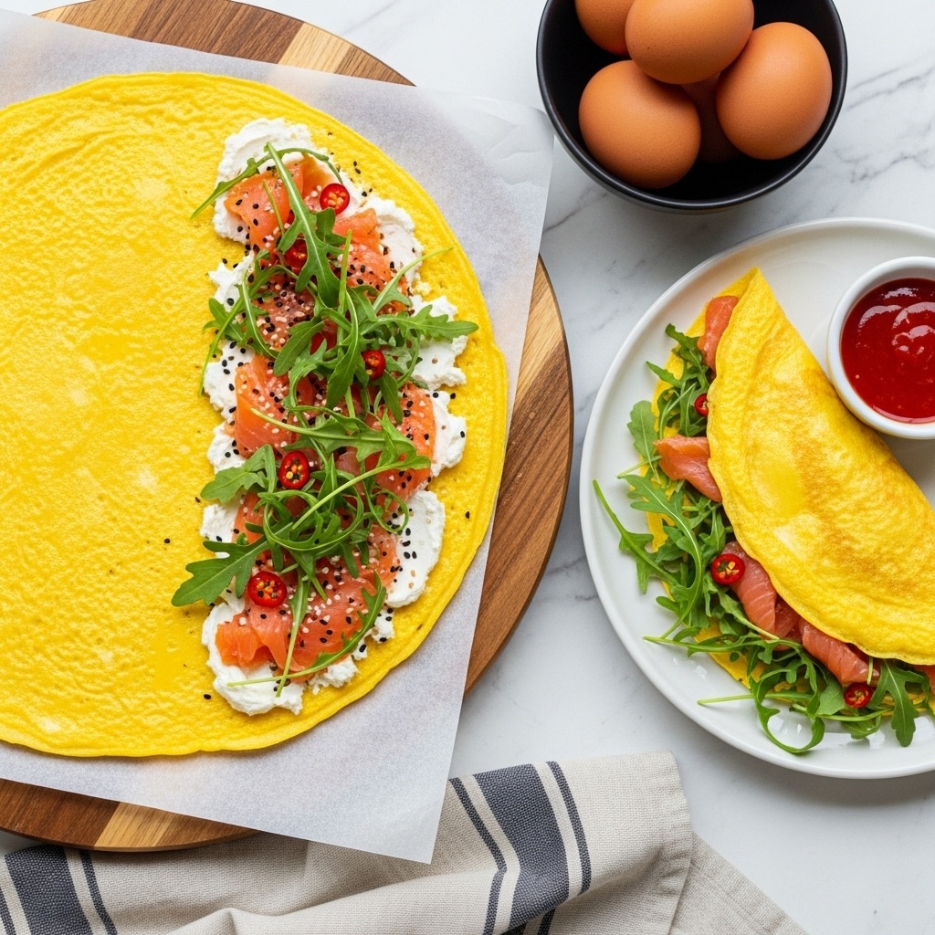 The image features a bright yellow omelette with a smooth texture, laid flat on a round board covered with translucent paper. On one half of the omelette, there are layers of soft white cream cheese, thin slices of orange smoked salmon, and fresh green arugula leaves sprinkled with black and white seeds for texture. To the right, a black plate (changed to white plate as per instructions) holds a neatly folded omelette filled with similar layers of smoked salmon and arugula, accompanied by a small white bowl of bright red sauce. At the top, a black bowl contains whole eggs. The entire setup is on a white marbled surface with a striped black and white cloth partially visible. photo taken with an iphone --ar 4:5 --v 7