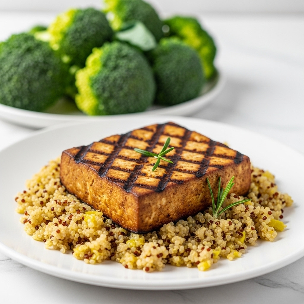 A grilled square piece of tofu with light brown grill marks sits on top of a small bed of cooked quinoa that has a mix of white and reddish grains. The tofu is garnished with two small green rosemary sprigs placed on its top center. In the blurred background, there are green leafy vegetables on the white plate. The plate rests on a white marbled surface. photo taken with an iphone --ar 4:5 --v 7