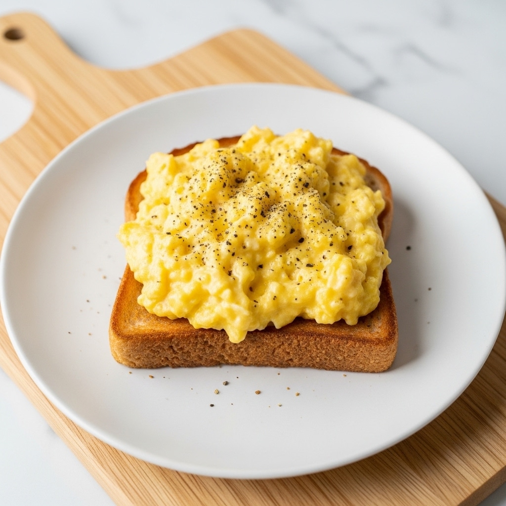 The image shows a single slice of thick bread toasted to a golden brown, placed on a white round plate. On top of the bread is a generous layer of fluffy scrambled eggs with a bright yellow color, appearing soft and creamy with a slightly curly texture. The eggs are sprinkled with small bits of freshly ground black pepper. The plate sits on a wooden cutting board, and the background features a white marbled surface. photo taken with an iphone --ar 4:5 --v 7
