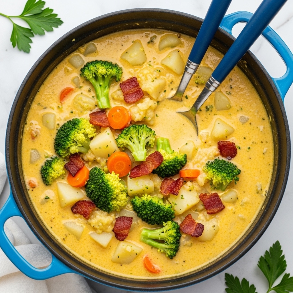 A close-up view of a creamy broccoli cheese soup inside a black pot with bright blue handles, placed on a white marbled surface. The soup has a thick light yellow base with visible chunks of green broccoli, small pieces of orange carrots, and white potatoes scattered throughout. Bits of crispy, reddish-brown bacon float on top, adding contrast. A bright blue ladle rests in the soup along with a spoon that has a silver handle and blue grip, partially dipped in the soup, showing its creamy and chunky texture. A white cloth napkin is casually placed beside the pot, with green parsley leaves partly visible in the background. Photo taken with an iphone --ar 4:5 --v 7