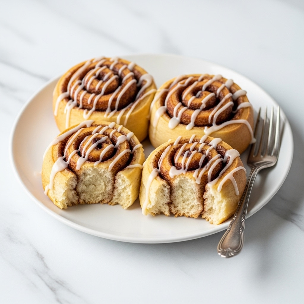 Three yellow cinnamon rolls with a shiny glaze on top are placed on a white square plate. Each roll shows a visible swirl pattern with a soft, slightly crumbly texture. A silver fork rests on the right side of the plate. The plate is on a white marbled surface with a white cloth partly visible underneath. Photo taken with an iphone --ar 4:5 --v 7