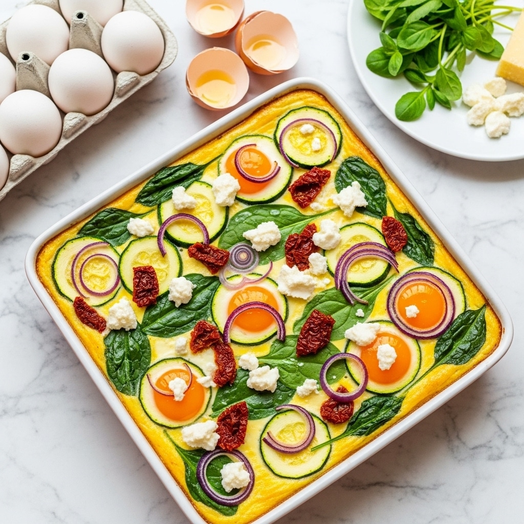 A rectangular baked egg dish in a gold baking tray is shown from above. The top layer is a bright yellow egg mixture studded with green spinach leaves, semicircle slices of light green zucchini, thin crescent slices of red onion, small patches of creamy white cheese, and pieces of red sun-dried tomatoes scattered evenly throughout. The surface of the dish is slightly uneven with a soft, cooked egg texture visible. The tray sits on a white marbled surface with a white plate holding fresh green herbs on the left, a small white container of salt below it, and broken eggshells along with a carton of brown eggs on the right. A green and white patterned cloth is partially visible in the top left corner. Photo taken with an iphone --ar 4:5 --v 7