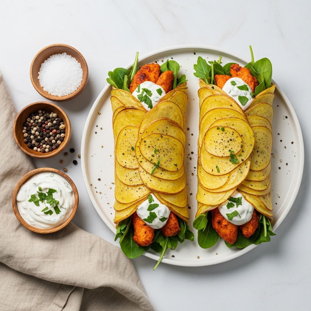 Two wraps sit on a round white plate with a brown rim, placed on a white marbled surface. Each wrap is made of thin, overlapping golden-brown potato slices with visible pepper seasoning on top. Inside the wraps, there are bright green leafy spinach, orange spiced paneer cubes, and a dollop of creamy white sauce sprinkled with finely chopped herbs. To the side of the plate, there are three small wooden bowls: one with coarse salt, one with mixed peppercorns, and one filled with white creamy sauce garnished with chopped herbs. A light grey cloth napkin is folded next to the bowls. photo taken with an iphone --ar 4:5 --v 7