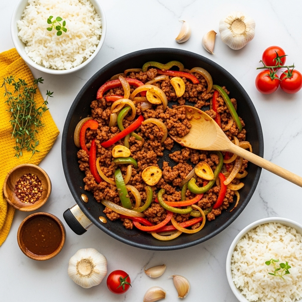 A black pan holds a colorful cooked mix of ground beef, sliced red and green bell peppers, and translucent cooked onion slices spread evenly. A wooden spoon with a smooth handle lies on the right side inside the pan, partly covered by the food. Three small garlic cloves and two bright red cherry tomatoes are placed on the right outside the pan. Two white bowls filled with plain white rice topped with small green herb sprigs are positioned on the top right and bottom right. On the left side of the pan lays a yellow cloth with red patterns, topped with fresh green thyme sprigs. Above the cloth are two small wooden bowls, one filled with crushed red pepper flakes and the other with a dark brown sauce. The entire scene is set on a white marbled texture surface. Photo taken with an iphone --ar 4:5 --v 7