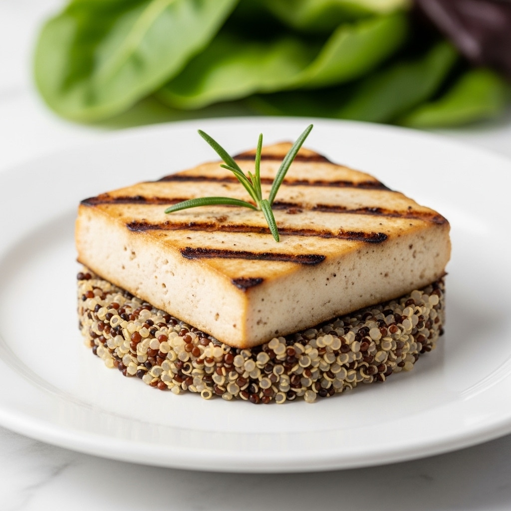 A thick, grilled brown tofu block with light grill marks on top sits centered on a bed of yellow and light brown cooked quinoa with a slightly fluffy texture. Two small green rosemary sprigs rest on the tofu, adding a touch of color. In the background, out of focus, there is a cluster of fresh, bright green leafy broccoli placed on a white round plate. The plate is set on a white marbled texture surface. photo taken with an iphone --ar 4:5 --v 7