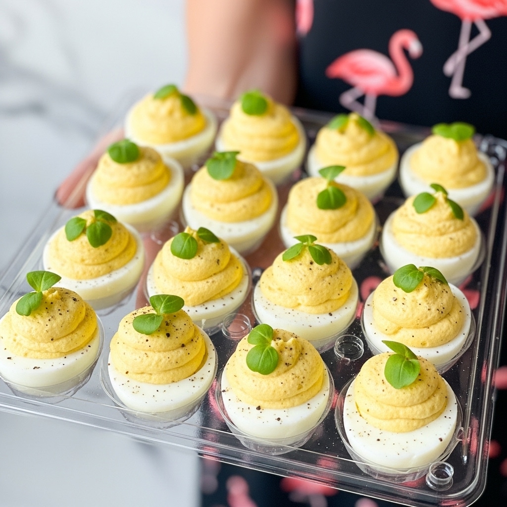 The image shows a clear plastic tray holding 18 deviled eggs arranged in three rows. Each egg half has a smooth white egg white base, filled with a light yellow, creamy, whipped yolk mixture that is slightly swirled on top. Small green chive pieces garnish each dollop, adding a fresh contrast. There are little black pepper specks sprinkled on some eggs for seasoning. A woman's hand is holding the tray, and she wears a dark blue outfit with a pink flamingo pattern. The background is softly blurred, with some wooden elements visible behind. The entire scene is set against a white marbled texture. Photo taken with an iphone --ar 4:5 --v 7
