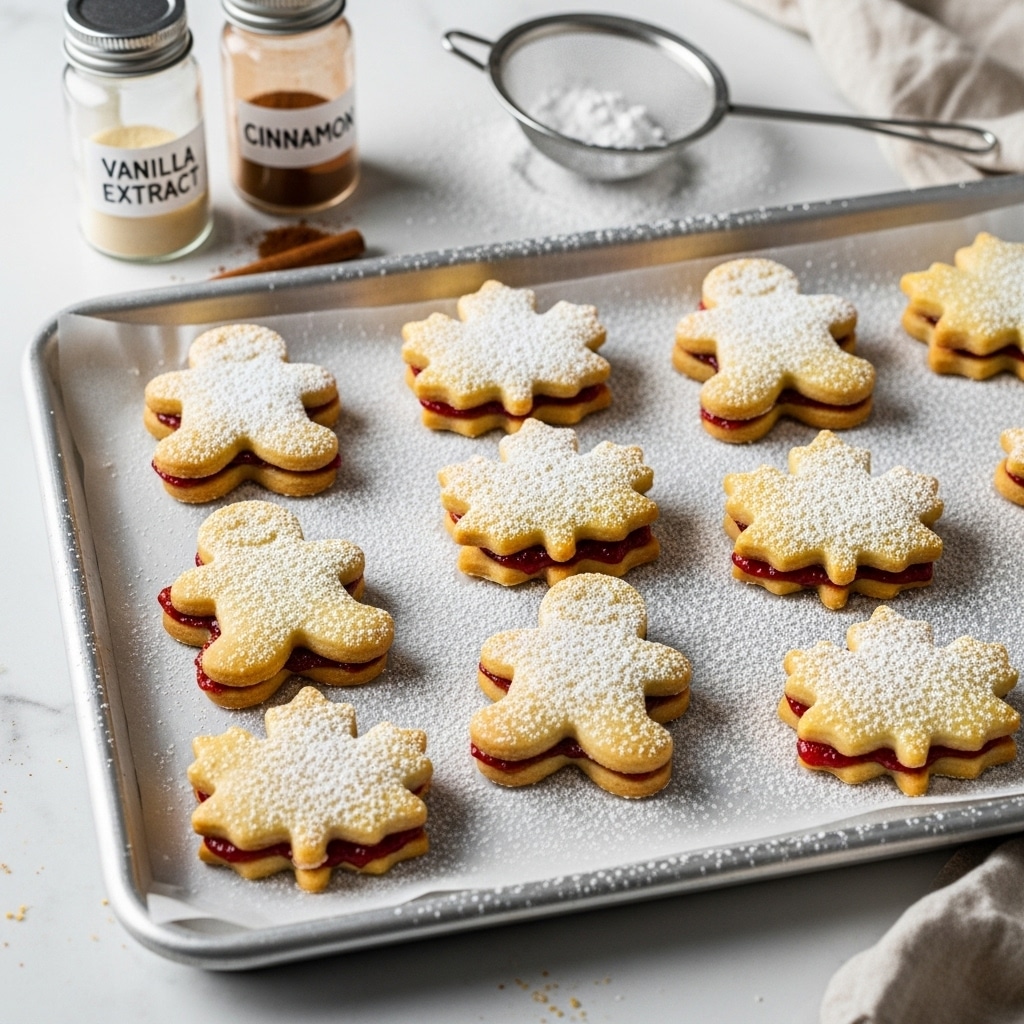 The image shows several baked cookies shaped like gingerbread men and maple leaves, arranged on a baking sheet lined with parchment paper. Each cookie has two layers: a golden brown, shiny top layer with a slightly crisp texture, and a visible thin layer of dark red filling peeking between the top and bottom layers. The cookies are dusted lightly with white powdered sugar. To the right of the baking sheet, there are two jars with labels, one black bottle labeled vanilla extract and one clear jar labeled cinnamon, placed on a white marbled surface. A small metal sieve with powdered sugar is partially visible in the bottom right corner. Photo taken with an iphone --ar 4:5 --v 7