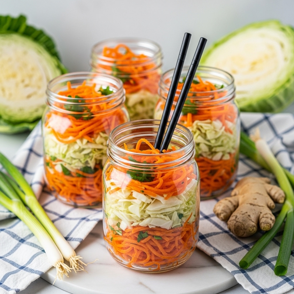 The image shows four glass jars filled with a colorful mix of shredded vegetables, mostly bright orange carrot strips and white cabbage pieces, layered and packed tightly inside each jar. The jar in front is open with two black chopsticks standing upright inside it, showing a close view of the vegetables' texture, which looks fresh and crunchy. Around the jars, there are whole fresh cabbage leaves, green onions, and chunks of fresh ginger placed on a white marbled surface with a blue and white cloth beneath them, giving a fresh and natural vibe. photo taken with an iphone --ar 4:5 --v 7