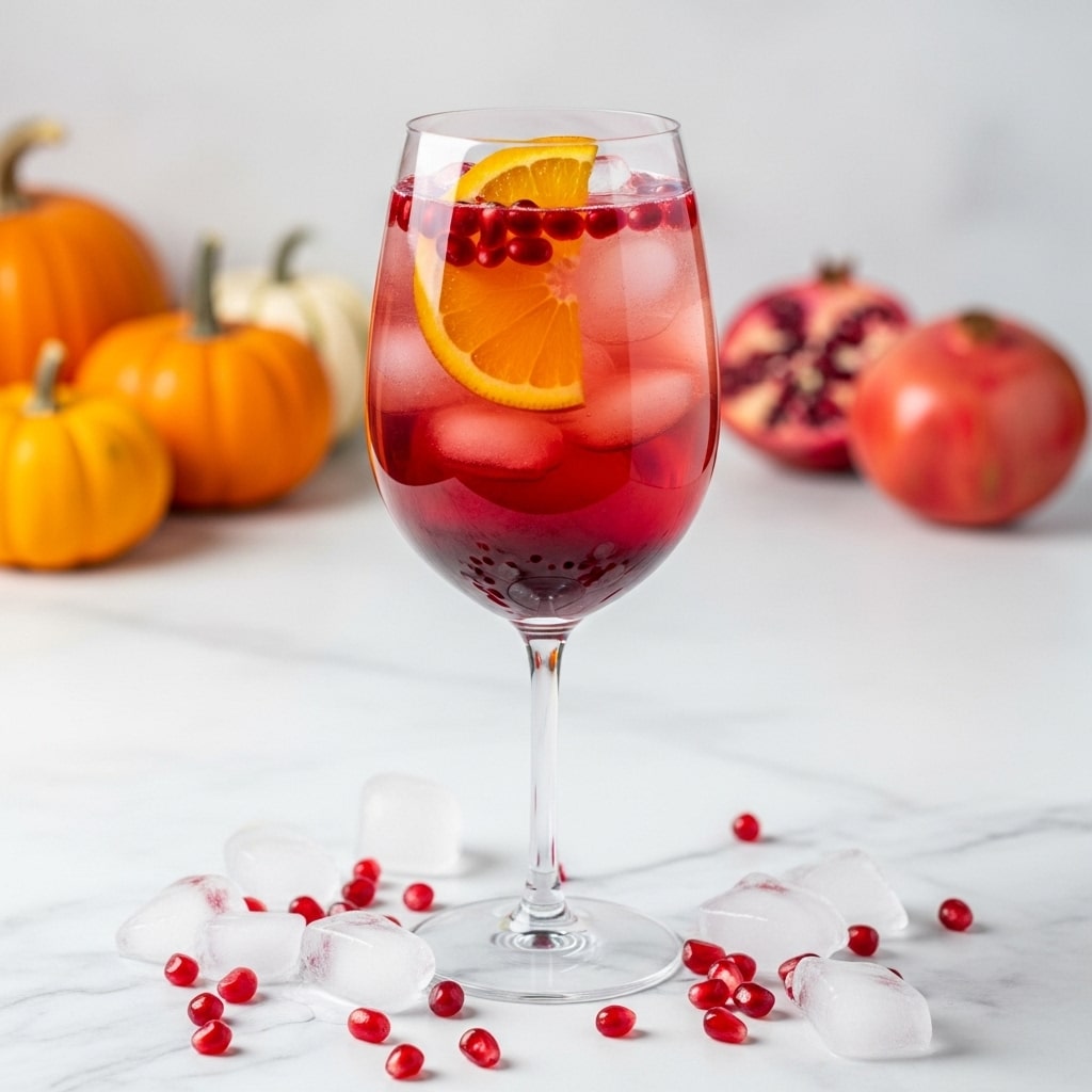 Two tall clear wine glasses are filled with a vibrant red drink layered with ice cubes. Each glass is decorated with a bright orange slice resting inside near the top, and clusters of shiny red pomegranate seeds floating around the ice. The glasses stand on a white marbled surface scattered with pomegranate seeds, an orange wedge, and ice cubes. In the blurred background, there are soft beige pumpkins and whole pomegranates adding a cozy feel. The scene is brightly lit, showing condensation on the glasses. photo taken with an iphone --ar 4:5 --v 7