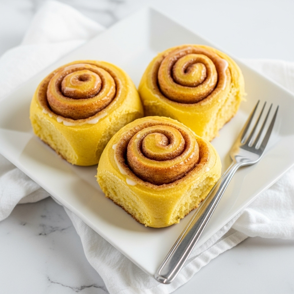 Three warm cinnamon rolls sit on a white plate placed on a white marbled surface. Each roll shows its soft, golden-brown dough spiraled with a cinnamon filling, with a light drizzle of white icing on top that adds a slight shine. One roll is partially eaten, showing the soft, fluffy inside texture. A silver fork rests on the right side of the plate, ready to be used. photo taken with an iphone --ar 4:5 --v 7