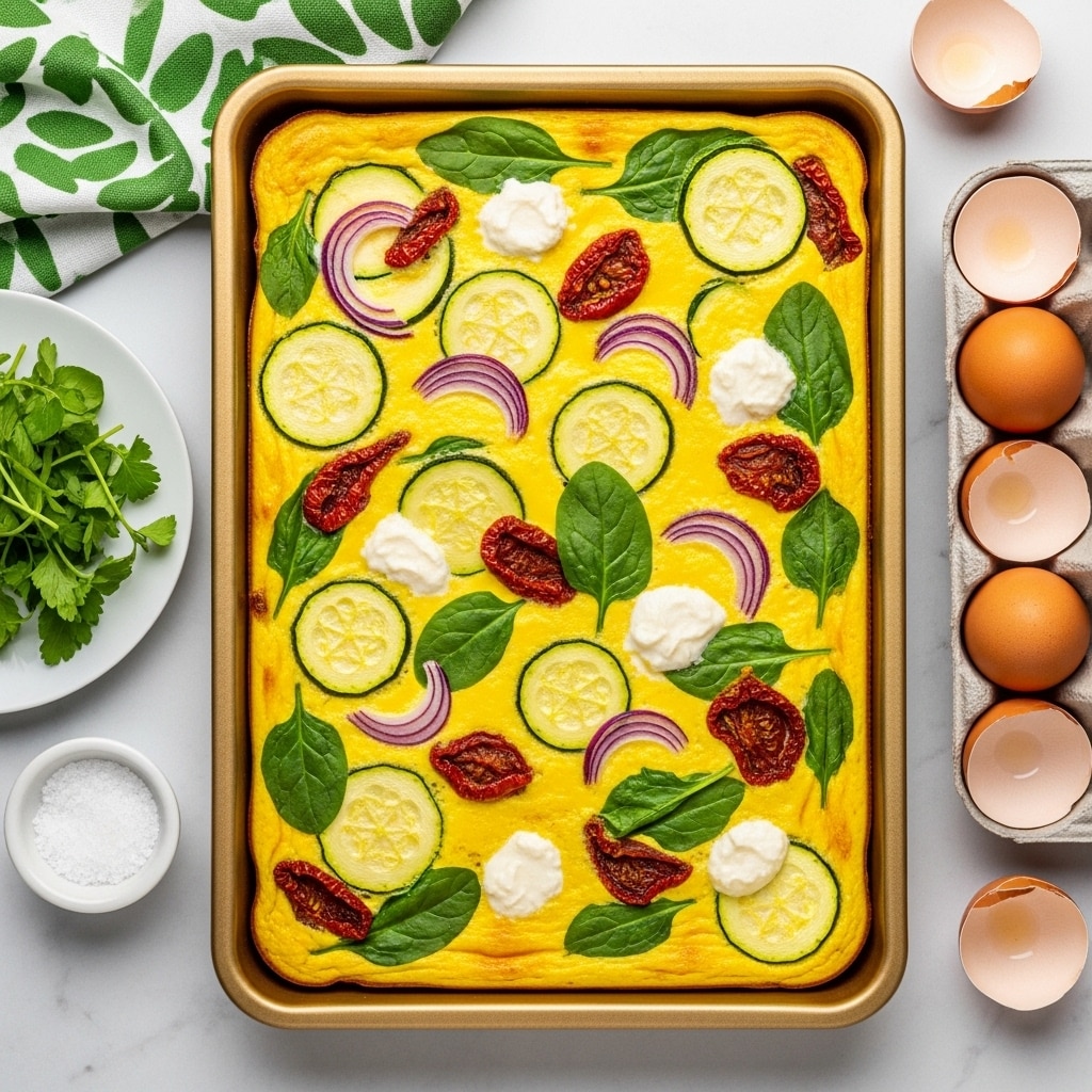 A rectangular dish filled with a baked egg casserole showing a colorful mix of ingredients on the top layer, including bright yellow cooked eggs, green spinach leaves, thin slices of light green zucchini, small bits of red sun-dried tomatoes, and thin slices of purple-red onion, all evenly spread across the surface. The casserole has a slightly glossy texture from the cooked eggs and scattered white cheese pieces. It sits on a white marbled textured surface alongside a carton of eggs, eggshell halves, and a white plate holding fresh green herbs and cheese. photo taken with an iphone --ar 4:5 --v 7