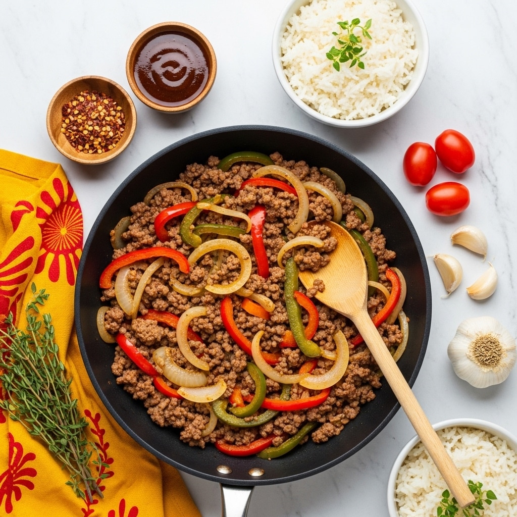 This image shows a black frying pan filled with cooked ground beef mixed with slices of red and green bell peppers, caramelized yellow onions, and browned garlic slices. The beef is crumbly and reddish-brown, while the peppers are bright and glossy, and the onions are soft with a slight golden tint. A wooden spoon rests inside the pan on the right side, its bowl touching the food. Around the pan are two white bowls filled with white rice, each garnished with a small green herb sprig. Several garlic cloves and two small, red tomatoes are placed on the white marbled texture surface. Two small wooden bowls, one with chili flakes and the other with brown sauce, are on the left side near a yellow kitchen towel with fresh thyme sprigs on top. Photo taken with an iphone --ar 4:5 --v 7