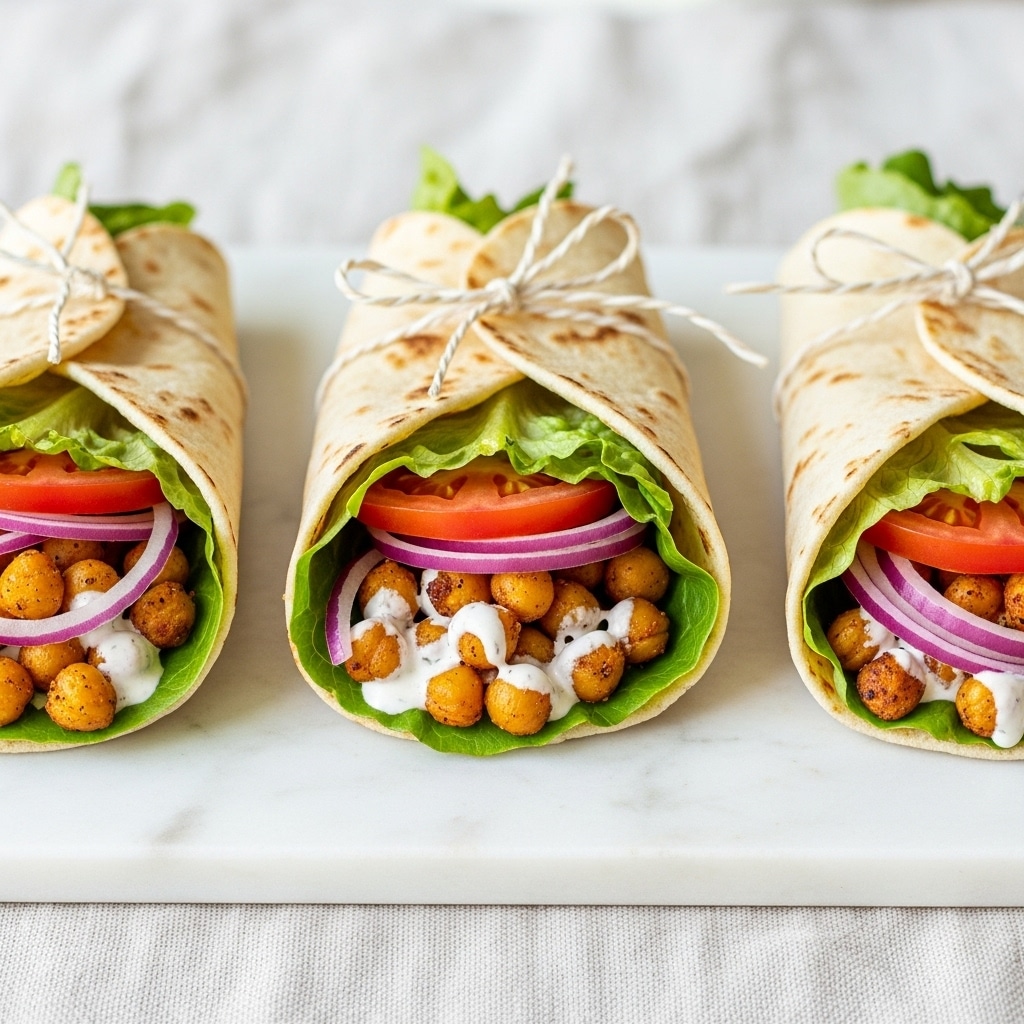Three small pita wraps stand side by side on a light-colored cloth over a white marbled surface. Each pita is light brown with slightly toasted edges, filled with layers starting from a green leafy lettuce base, followed by golden brown chickpeas, then thick white creamy sauce, next thin purple onion slices, and topped with round red tomato slices visible in the center wrap. The middle wrap is tied with a thin rustic string bow near the top. The background softly blurs in warm tones, highlighting the fresh ingredients. photo taken with an iphone --ar 4:5 --v 7