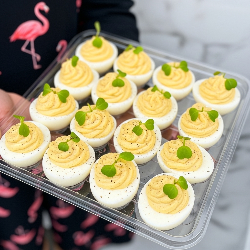 The image shows a clear plastic tray holding 16 deviled egg halves. Each deviled egg has a smooth, white outer egg white layer as the base, filled with a thick, light yellow creamy yolk mixture on top. Small green herbs are placed as garnish on each yolk dollop, adding a fresh touch. Light black pepper specks are also visible on the yellow filling. A woman's hand is holding the tray, and the background includes a white marbled texture along with part of a person wearing a dark clothing with pink and orange flamingo patterns. The photo was taken with an iphone --ar 4:5 --v 7