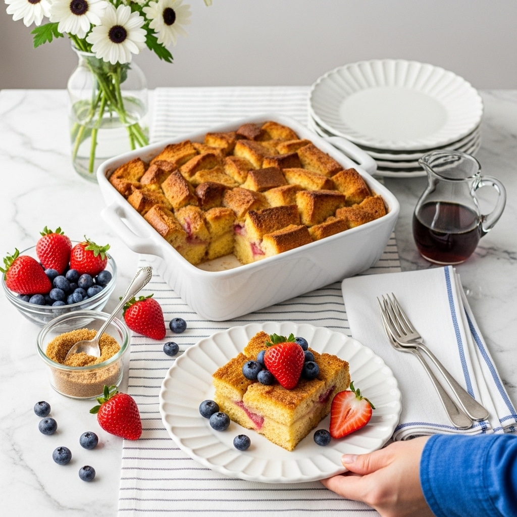 A square white baking dish filled with golden brown bread pudding showing chunky bread pieces stacked unevenly, placed on a white marbled textured wooden table with a striped white and gray table runner. In front, a white scalloped plate holds a cut piece of bread pudding topped with fresh red strawberries and dark blue blueberries, with extra berries scattered around it. A woman's hand in a blue sleeve is holding the plate. Around the baking dish and plate, there are clear glass bowls with fresh strawberries and blueberries, a small glass container of brown sugar with a spoon, and a glass jug with syrup. In the background, white flowers with dark centers in a clear tall vase sit behind a stack of white scalloped plates, and a folded white napkin with blue trim and a fork is beside the plate. Photo taken with an iphone --ar 4:5 --v 7