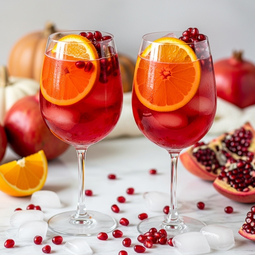 A tall clear wine glass filled with a three-layered drink on a white marbled surface, the bottom layer is a dark red color, the middle layer is a lighter pinkish red with ice cubes, and the top layer has visible pomegranate seeds and a bright orange slice pressed against the inside of the glass; scattered around the base are chunks of ice, pomegranate seeds, and a small orange wedge, with blurred pumpkins and a pomegranate in the soft background, photo taken with an iphone --ar 4:5 --v 7