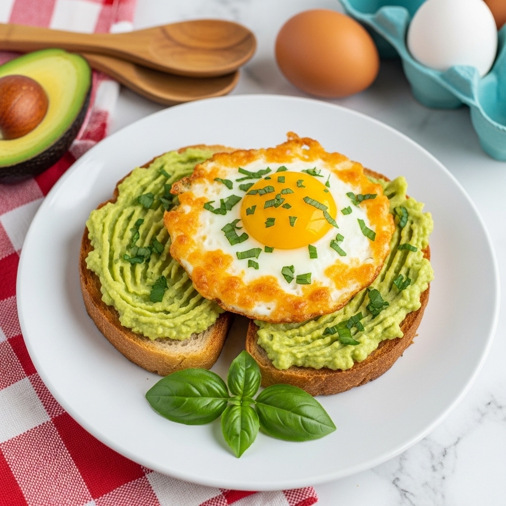 The dish is a slice of toasted bread spread with smashed green avocado, topped with a fried egg with a bright yellow yolk and white edges that are crispy and golden brown. Small green herb pieces are sprinkled on top along with a few fresh basil leaves placed next to the toast on a clean white plate. The toast rests on a red and white checkered cloth, and the background has a white marbled texture. Nearby, there are wooden spoons, a halved avocado, and an egg, suggesting fresh ingredients used. Photo taken with an iphone --ar 4:5 --v 7
