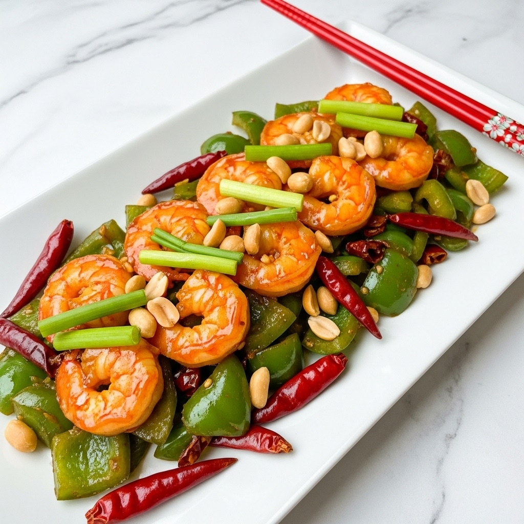 A white rectangular plate holds a colorful stir-fry dish with several layers; the bottom has thick green bell pepper pieces and dark dried red chili peppers, the middle layer has golden brown cooked shrimp with a slight orange tint, and the top layer shows fresh green sliced scallions and scattered pale peanuts. The dish is glossy from a savory sauce and sits on a white marbled surface next to a pair of red and gold chopsticks placed on the right side of the plate, with a cookbook partially visible in the top left corner. photo taken with an iphone --ar 4:5 --v 7