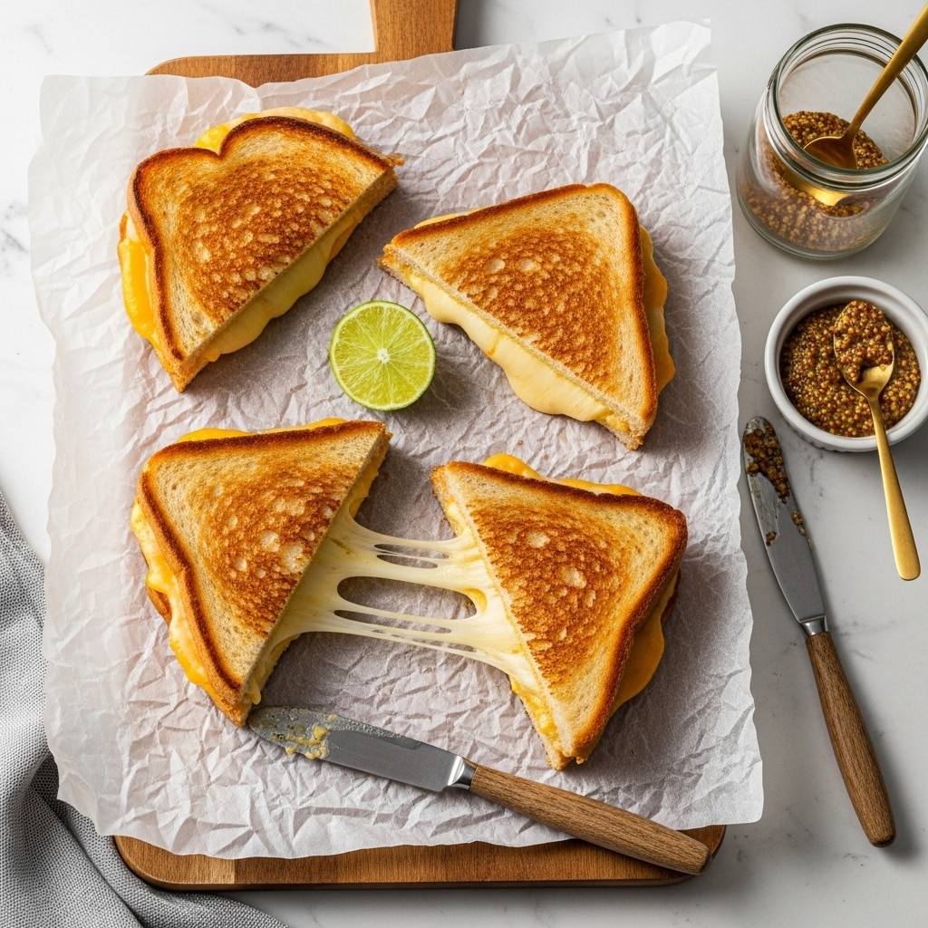 Four toasted grilled cheese sandwiches sit on crumpled wax paper over a dark wooden board placed on a white marbled surface. Two sandwiches are cut in half, showing melted yellow cheese stretching between the pieces. The bread is golden brown with a crisp texture. A small white bowl with grainy mustard and a gold spoon is placed on the right side next to a small jar of honey with a wooden dipper. A lemon wedge sits near the center of the wax paper. A large knife with a light wooden handle rests at the bottom edge of the board. Photo taken with an iphone --ar 4:5 --v 7