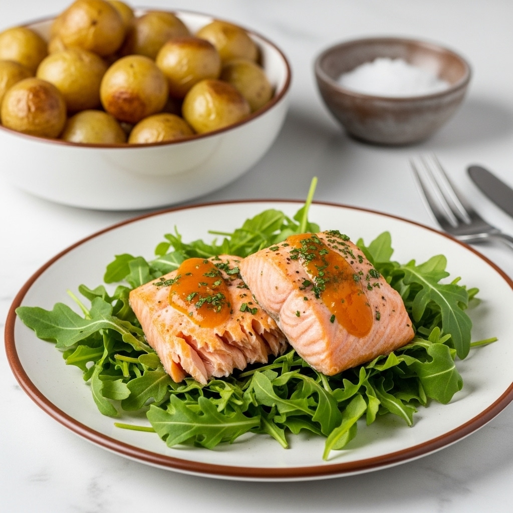 Two pieces of pink salmon with a golden herb sauce sit on a bed of fresh green arugula leaves, all placed on a white plate with a light brown rim. The salmon pieces have a flaky texture and are spread with small bits of herbs and a glossy sauce that adds a shiny orange touch on top. Around the plate, scattered arugula leaves give a fresh green contrast. In the background, there is a white bowl filled with small yellow-brown potatoes, and a small round ceramic dish of white salt. The whole scene rests on a white marbled surface. photo taken with an iphone --ar 4:5 --v 7