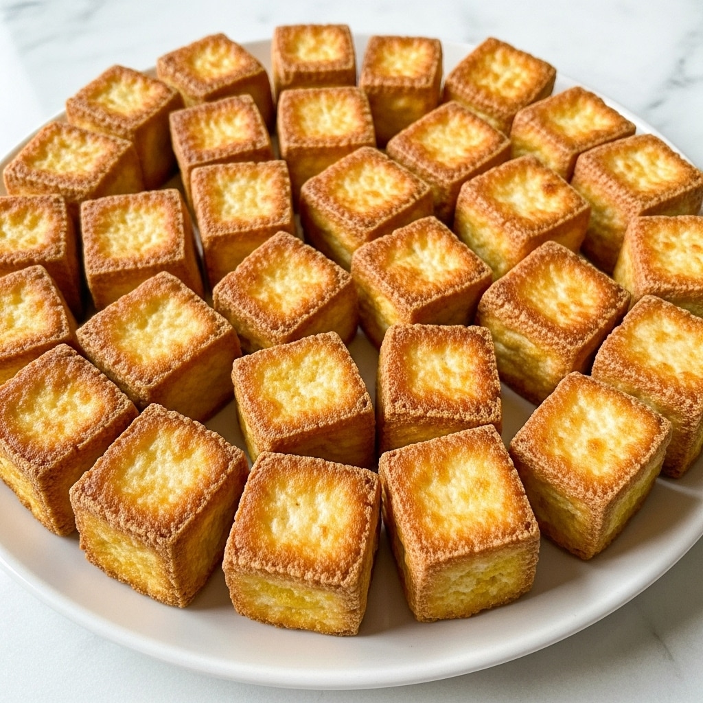 The image shows a close-up of many small, golden-brown fried tofu cubes arranged closely on a white plate. Each cube has a slightly rough texture with crispy edges and a darker browned crust on top, with some showing softer lighter yellow areas. The tofu pieces vary slightly in size but are mostly uniform blocks, and the plate is set on a white marbled surface. photo taken with an iphone --ar 4:5 --v 7