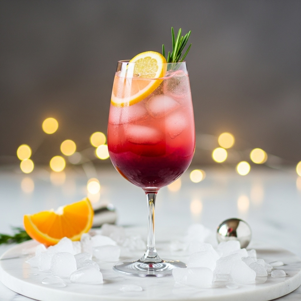 A tall clear glass with a long stem holds a layered red to orange drink filled with ice cubes, showing a gradient from deep red at the bottom to a lighter orange near the top. Inside the glass, there is a sprig of fresh green rosemary standing upright, and a small piece of orange peel floating near the surface. The glass sits on crushed ice over a white marbled surface, with a fresh orange wedge and a shiny silver ornament resting nearby. In the background, warm round yellow lights create a soft bokeh effect, adding a cozy and festive feel to the scene. Photo taken with an iphone --ar 4:5 --v 7