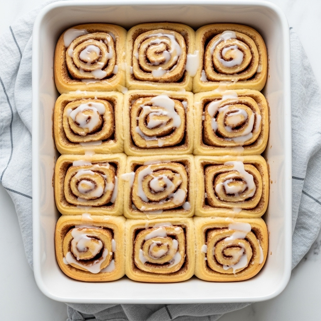 A rectangular white baking dish with dark blue handles contains fifteen cinnamon rolls arranged in three rows of five. Each roll has a spiral shape with golden-brown baked dough and a light layer of melting cream cheese icing that pools slightly between some rolls. The rolls sit close together, showing soft and fluffy texture with visible cinnamon swirls. The dish is partially resting on a light blue and white cloth on a white marbled surface. photo taken with an iphone --ar 4:5 --v 7