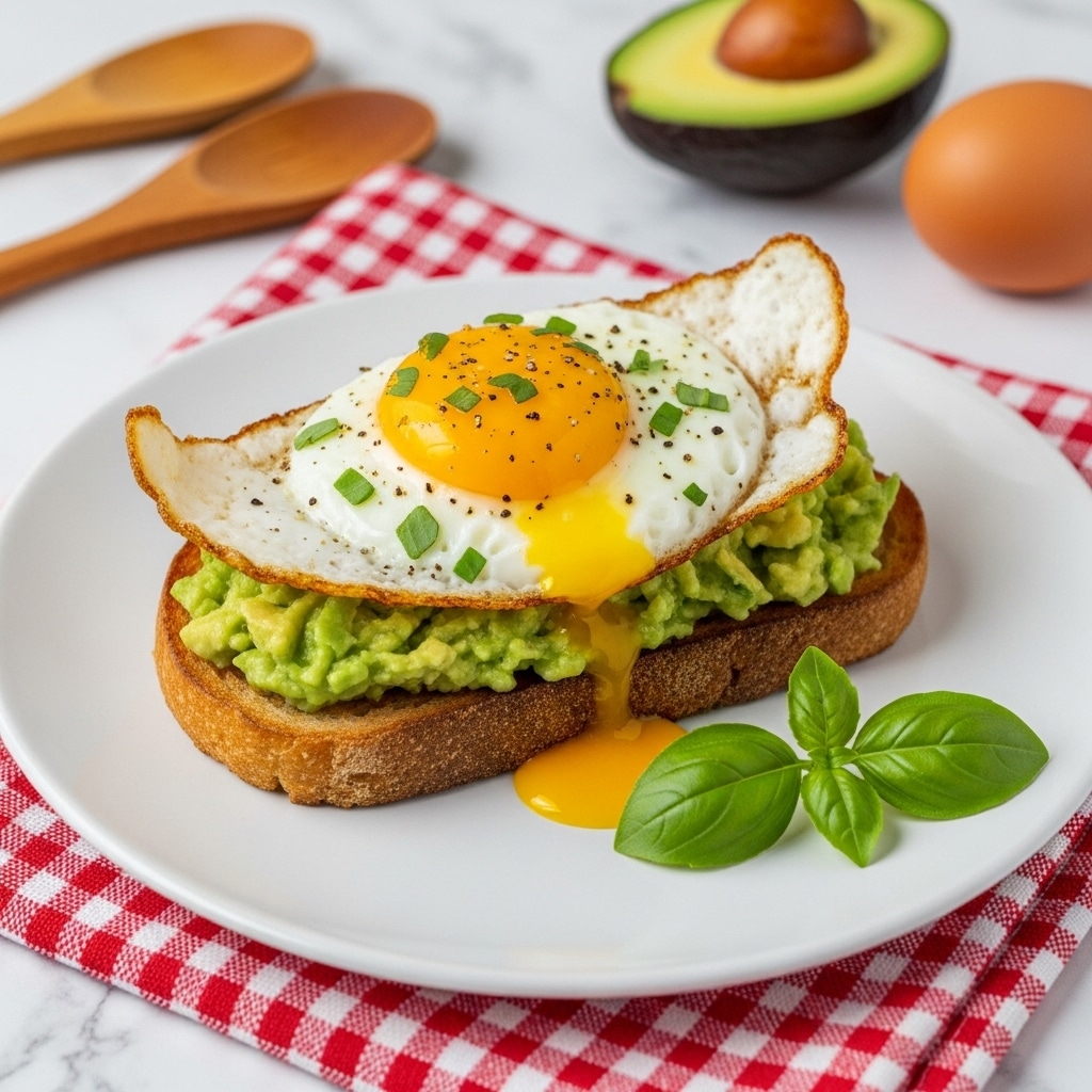 The dish features two slices of toasted bread placed side by side on a white plate. The bottom slice is spread with a smooth layer of light green mashed avocado, garnished with small bits of fresh chopped green herbs. On top, there is a sunny-side-up fried egg with a bright yellow yolk in the center, surrounded by a golden-brown crispy edge that looks cheesy and slightly textured, also sprinkled with chopped green herbs. A couple of fresh basil leaves lie at the bottom edge of the plate. The plate sits on a white marbled surface next to a red and white checkered cloth, with a halved avocado, wooden spoons, an egg, and part of a blue egg carton in the background. photo taken with an iphone --ar 4:5 --v 7