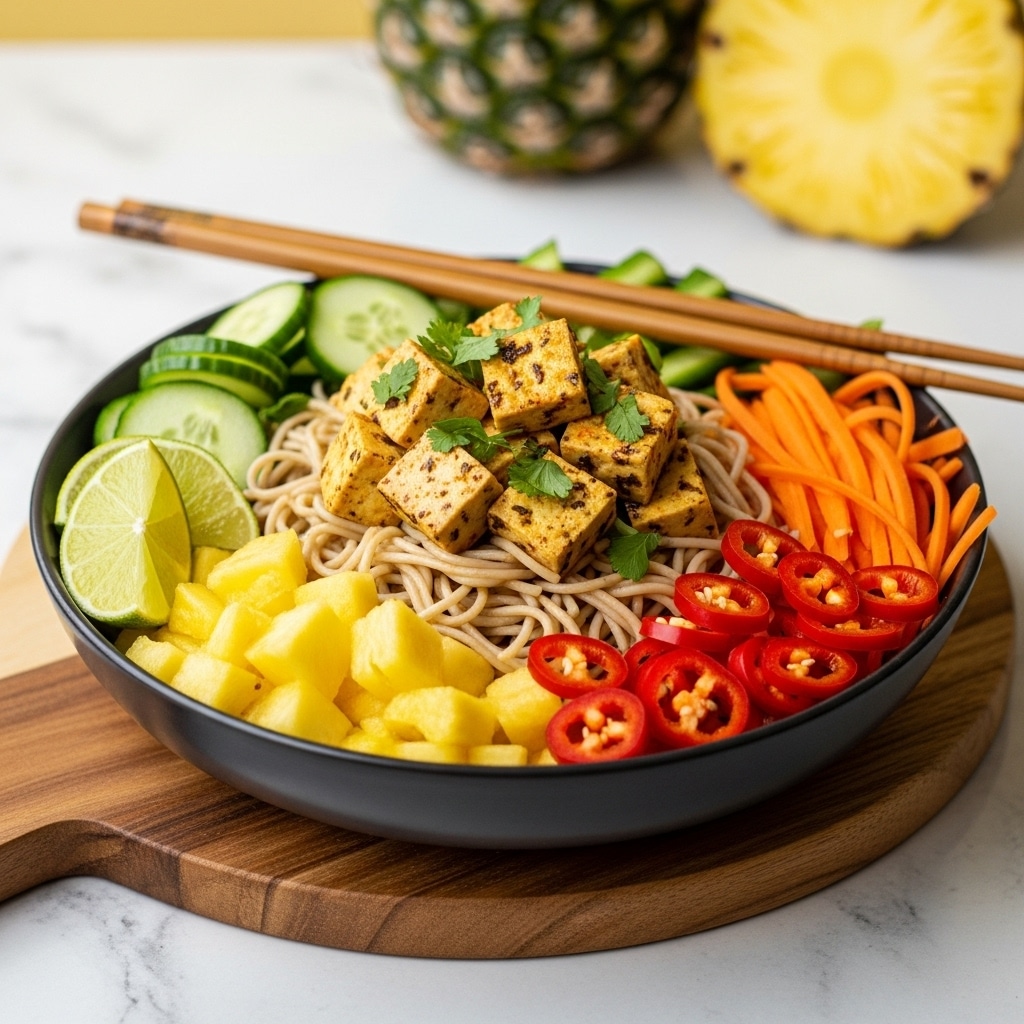 A wooden bowl filled with several colorful layers of food sits on a wooden board with a white marbled surface underneath. The bottom layer is white rice, covered halfway by diced light beige tofu cubes sprinkled with green herbs in the center. To one side of the tofu, there are thin slices of light green cucumber arranged neatly. Next to the cucumber, there are bright red chili rings with a smooth texture. At the front of the bowl, chunks of yellow pineapple give a fresh, slightly juicy look, while to the right of the pineapple, there are thin strips of orange carrots. A pair of wooden chopsticks rests on the bowl's edge. In the background, a whole pineapple and sliced cucumbers are visible on the white marbled surface. photo taken with an iphone --ar 4:5 --v 7