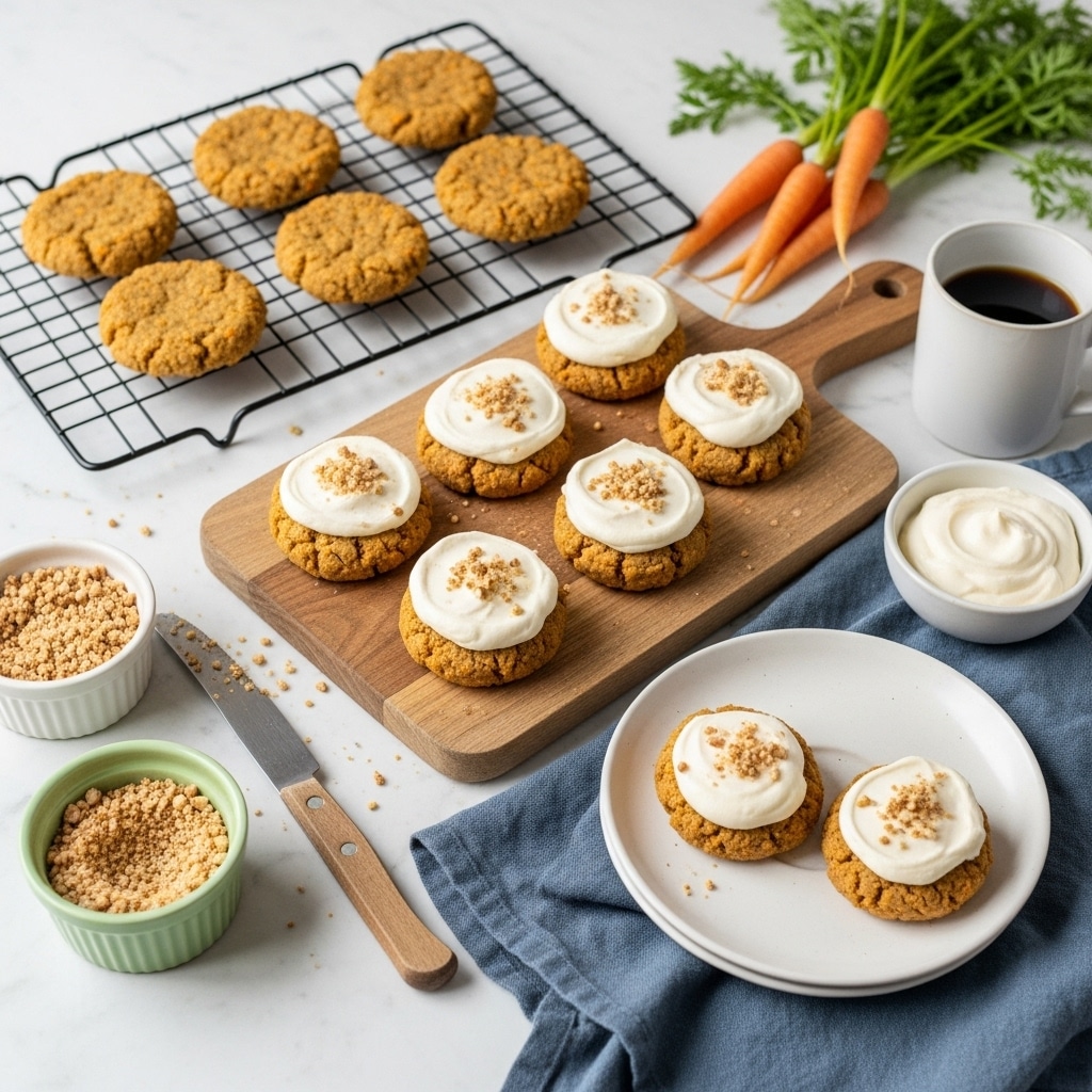 A white marbled table holds a wooden board with eight carrot cookies topped with white cream frosting, their crumbly texture visible under the smooth cream. To the side, a small green bowl filled with crushed nuts sits next to a butter knife with a wooden handle resting on the table. Nearby, a white wire rack holds five more carrot cookies without frosting, showing a golden brown rough surface. Two cookies with cream frosting sit on a white plate, arranged on top of a blue cloth. A few small fresh carrots with green tops lie beside the setup, while a cup of coffee and a small bowl of extra cream frosting complete the scene, all arranged on the white marbled surface. Photo taken with an iphone --ar 4:5 --v 7
