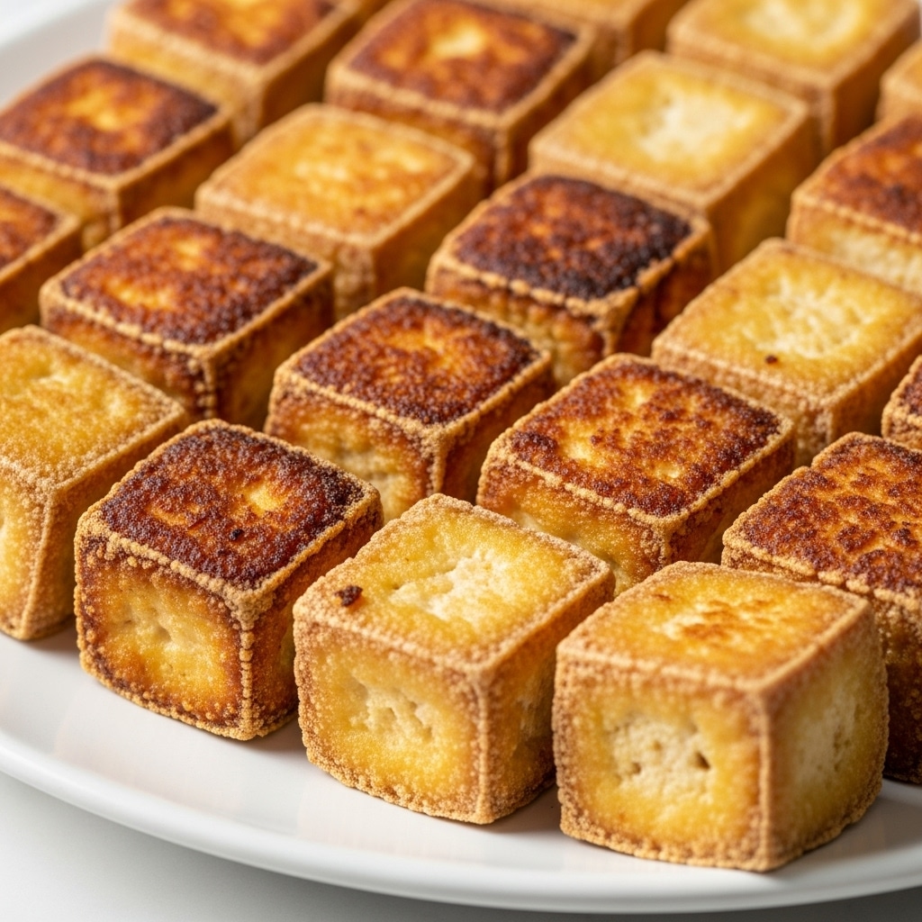 A white plate filled with small, square pieces of golden brown fried tofu, each piece showing a crispy, uneven top layer with a slightly darker brown edge, and a light yellowish inner texture visible on some sides; the tofu cubes are closely arranged, covering most of the plate which rests on a white marbled surface. photo taken with an iphone --ar 4:5 --v 7